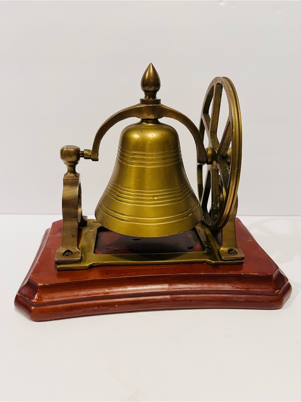 Vintage 1950’s Solid Brass on Wood Stand Ships Bell Nautical Table Decor